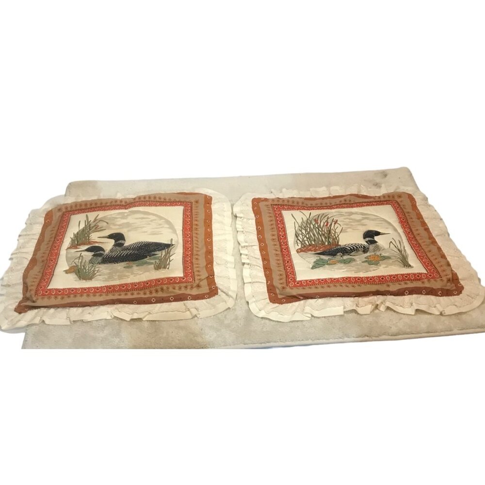 2 Vintage 3D Loon Bird Decorative Pillow Sham Handmade Quited Cabin Hunting Lodg